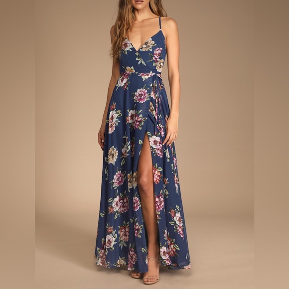 Lulus Always There For Me Navy Blue Floral Print Wrap Maxi Dress - Picture 1 of 10